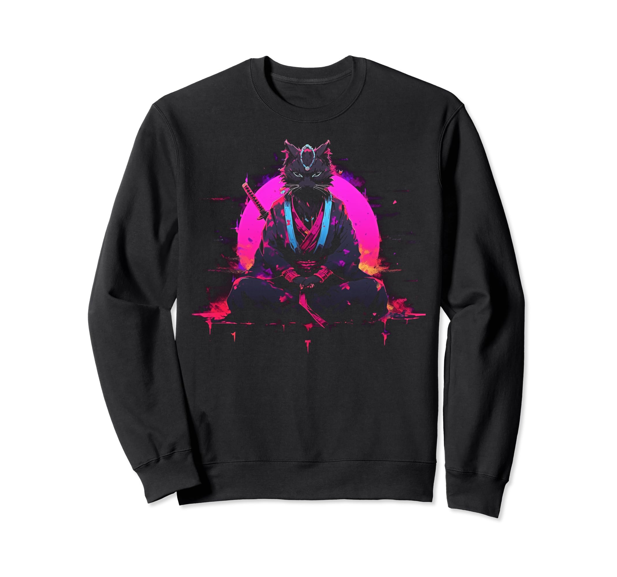 Synthwave Cat Samurai Mediation Sweatshirt - Fun Novelty Design for Adults - T-Shirt, Sweatshirt, Hoodie