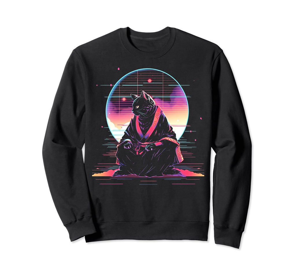 Synthwave Cat Samurai Mediation Sweatshirt - Novelty Apparel Men Women - T-Shirt, Sweatshirt, Hoodie