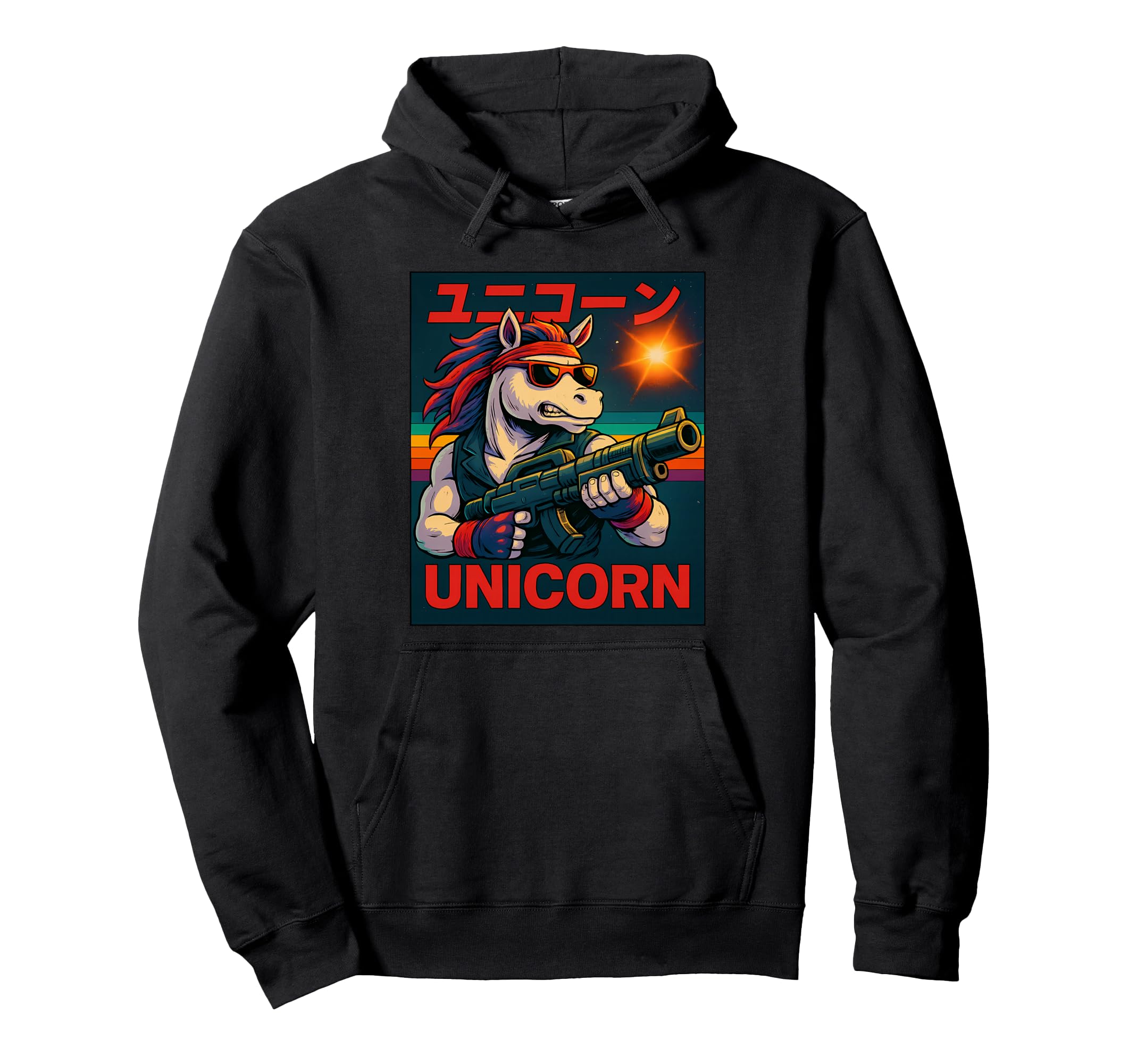 Radical 80S Action Unicorn Synthwave Hoodie - Unique Graphic Men Women - T-Shirt, Sweatshirt, Hoodie