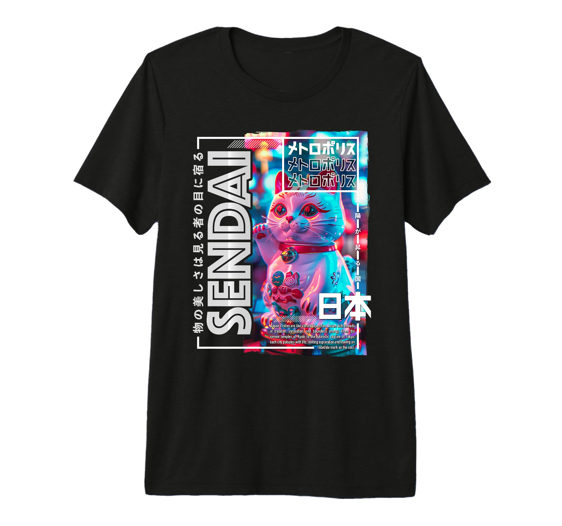 Sendai City 80S Synthwave Manekineko T-Shirt - Custom Art Print Men Women - T-Shirt, Sweatshirt, Hoodie