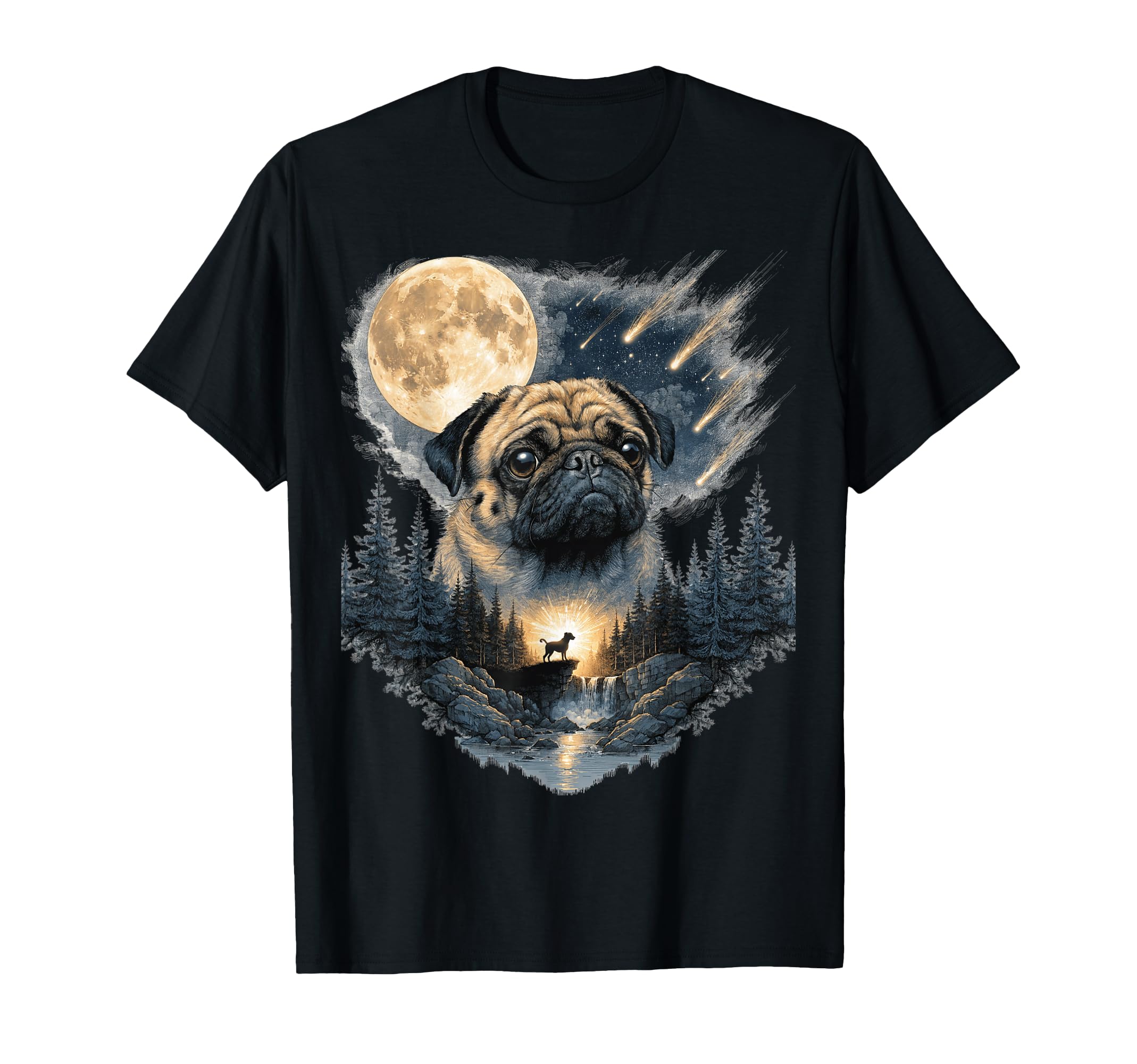 Pug Howling Moon Moonlit Night Funny T-Shirt - Aesthetic Graphic Men Women - T-Shirt, Sweatshirt, Hoodie