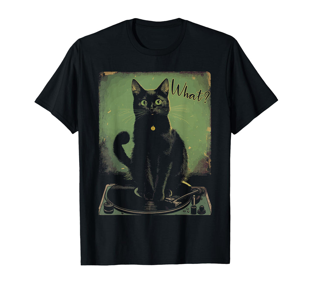 Black Cat Sitting Vinyl Record Player T-Shirt - Graphic Print Unisex - T-Shirt, Sweatshirt, Hoodie