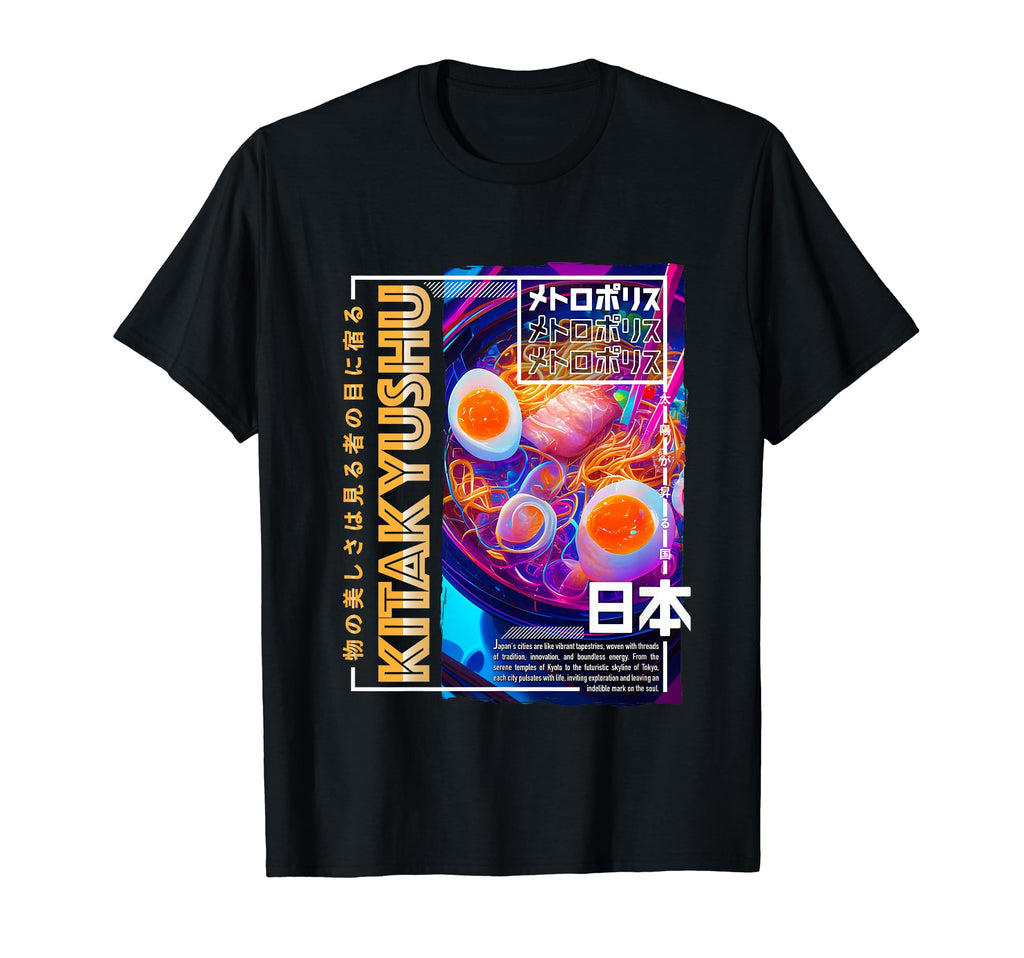 Kitakyushu City 80S Synthwave Ramen Bowl T-Shirt - Custom Art Print Unisex - T-Shirt, Sweatshirt, Hoodie
