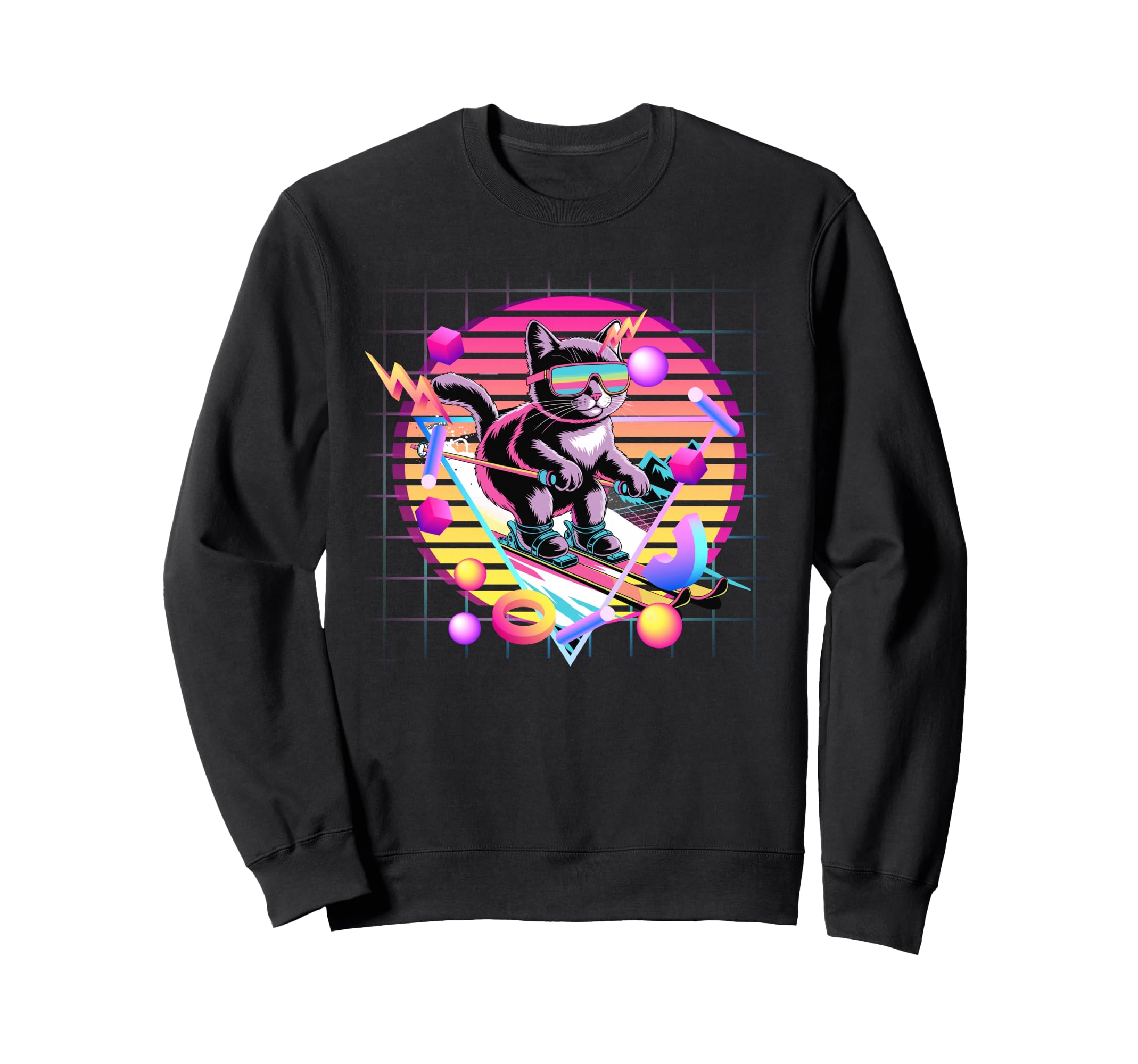 Ski Cat 80S Synthwave Feline Sweatshirt - Fun Novelty Design for Adults - T-Shirt, Sweatshirt, Hoodie