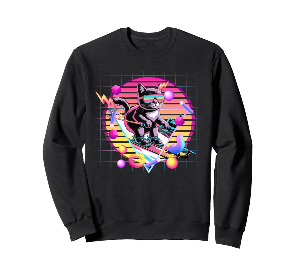 Ski Cat 80S Synthwave Feline Skier Sweatshirt - Trendy Graphic Men Women - T-Shirt, Sweatshirt, Hoodie
