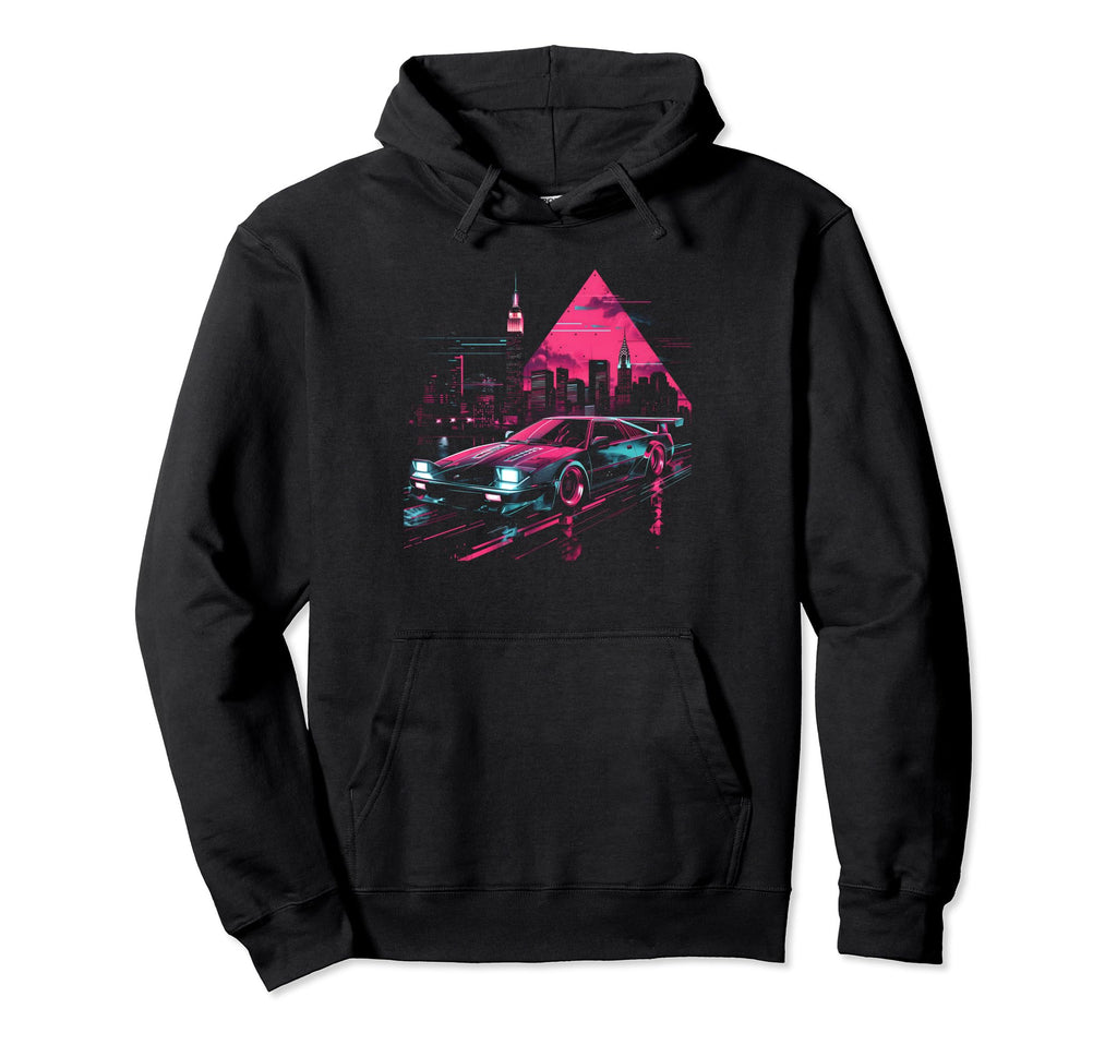 Retrowave City Skyline 1980S 1990S Car Hoodie - Graphic Print for Adults - T-Shirt, Sweatshirt, Hoodie