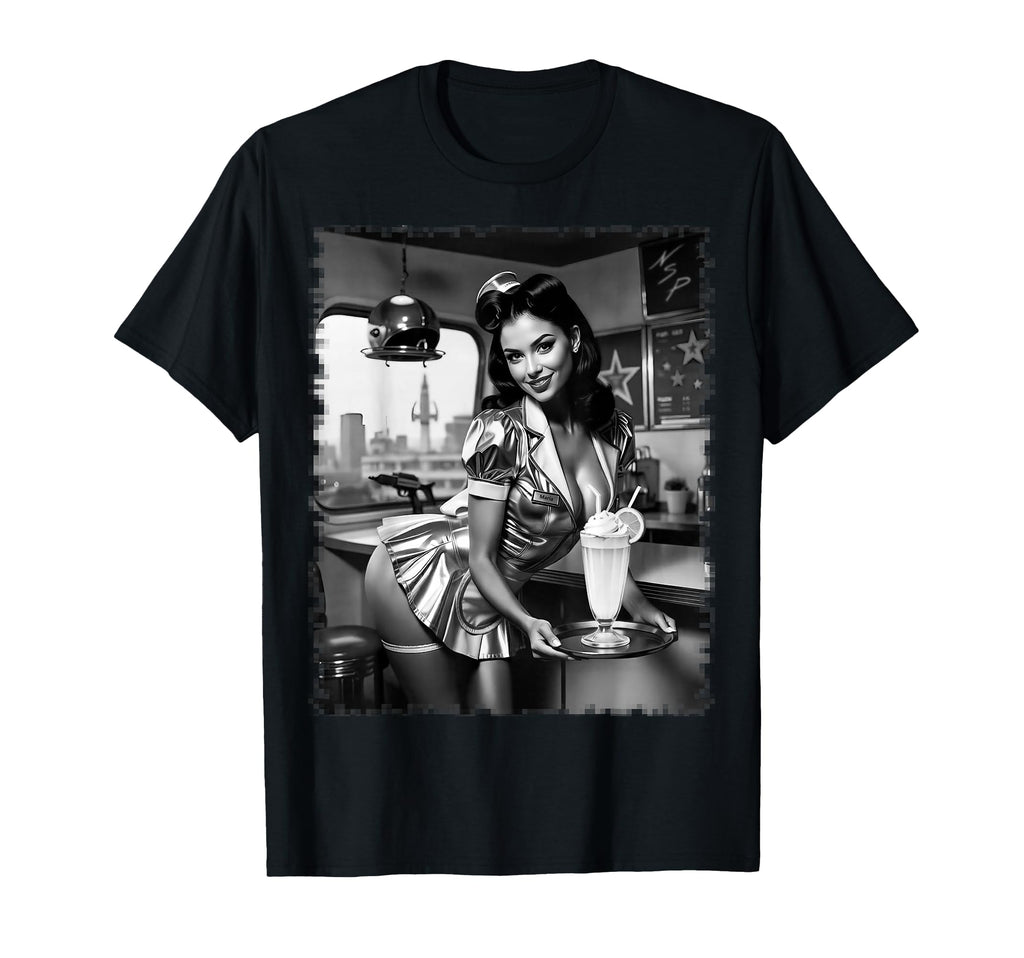 Sexy Sexy Brunette Waitress Pinup Bw T-Shirt - Novelty Apparel for Adults - T-Shirt, Sweatshirt, Hoodie