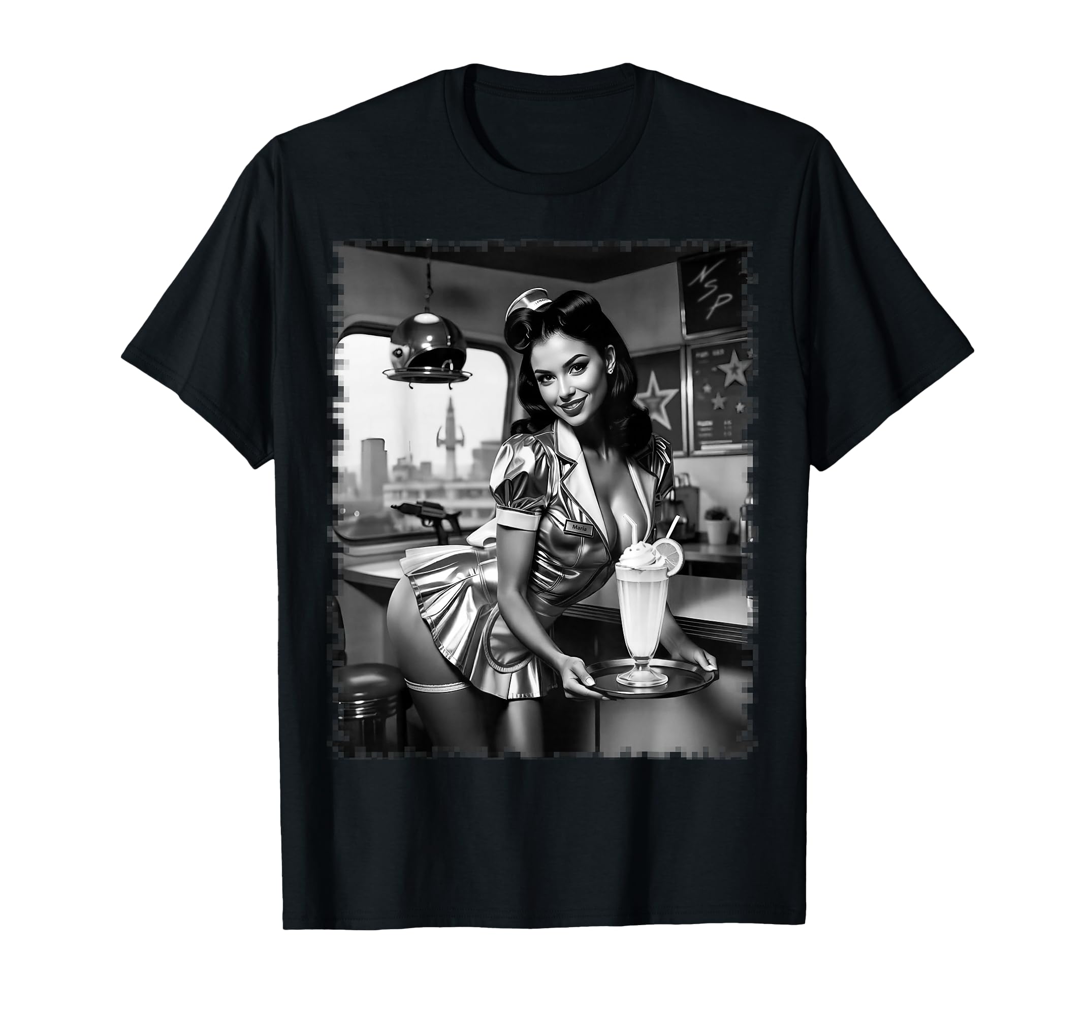 Sexy Sexy Brunette Waitress Pinup Bw T-Shirt - Novelty Apparel for Adults - T-Shirt, Sweatshirt, Hoodie