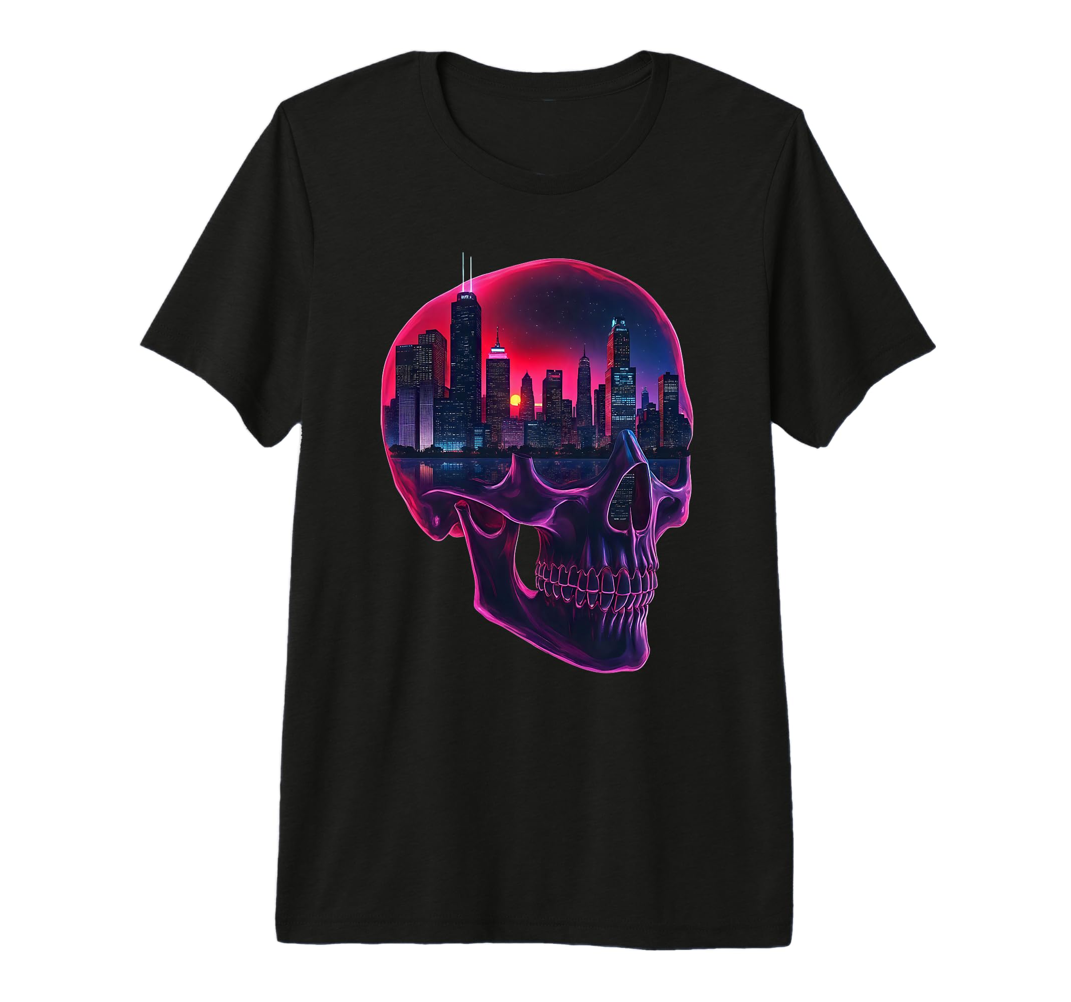 90S Vaporwave Aesthetic Skull Cityscape T-Shirt - Streetwear Style Unisex - T-Shirt, Sweatshirt, Hoodie