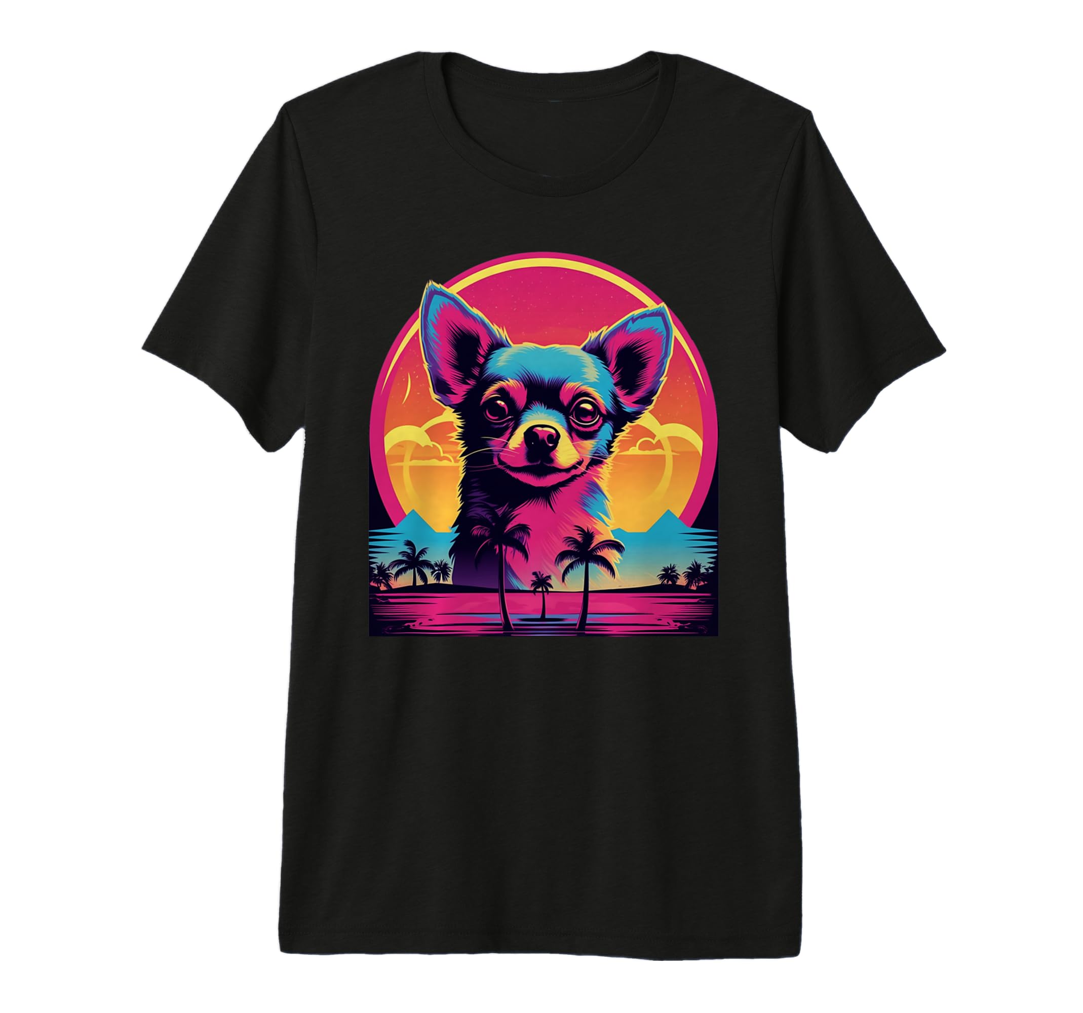 Chihuahua 80S Synthwave Sunset T-Shirt - Novelty Apparel for Adults - T-Shirt, Sweatshirt, Hoodie