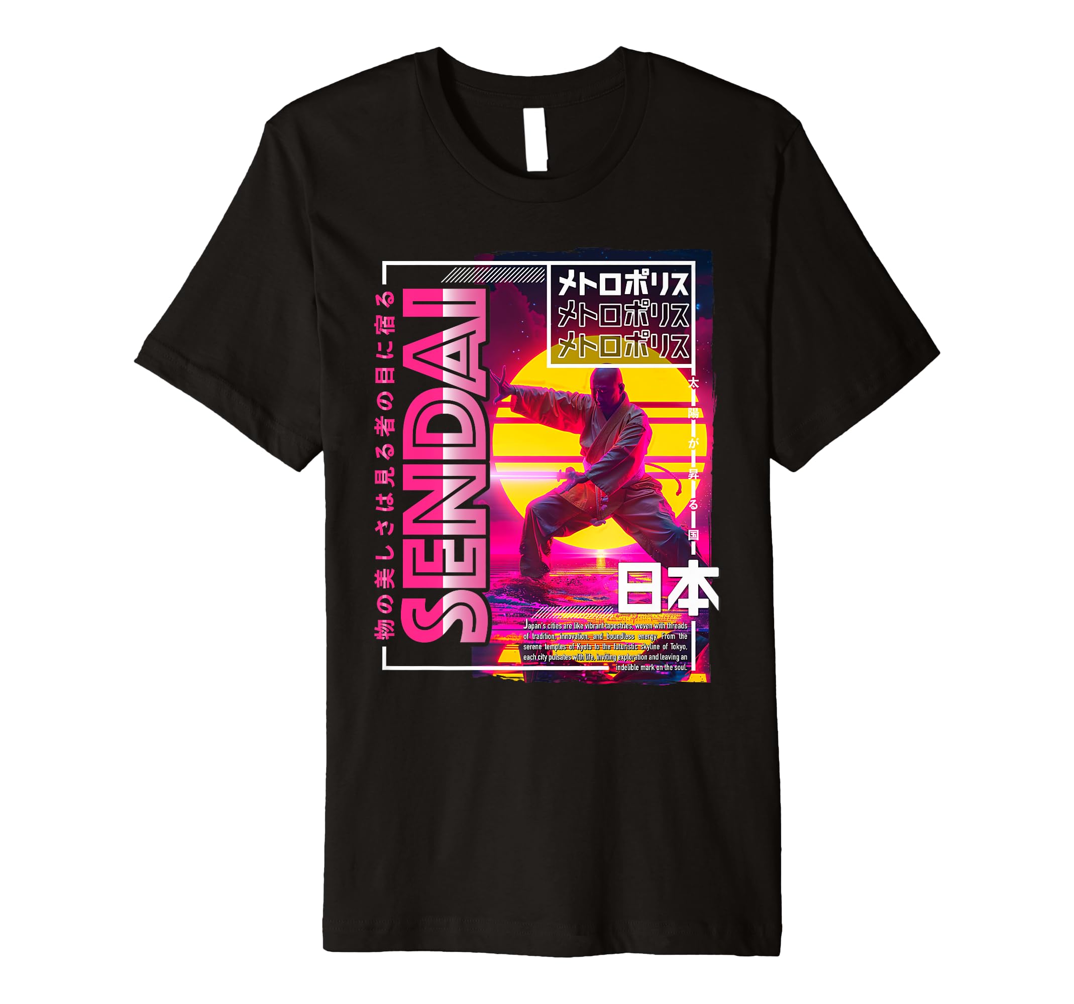 Sendai City 80S Synthwave Shaolin T-Shirt - Fun Novelty Design Unisex - T-Shirt, Sweatshirt, Hoodie