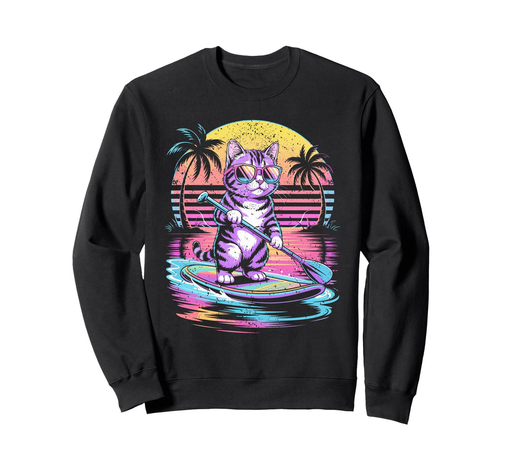 Cat Paddleboarding Sunset 80S Sweatshirt - Minimalist Print for Adults - T-Shirt, Sweatshirt, Hoodie