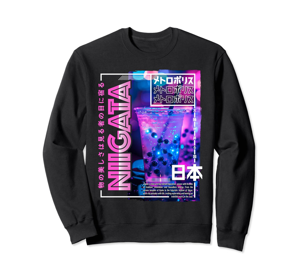 Niigata City 80S Synthwave Boba Tea Sweatshirt - Custom Art Print Unisex - T-Shirt, Sweatshirt, Hoodie