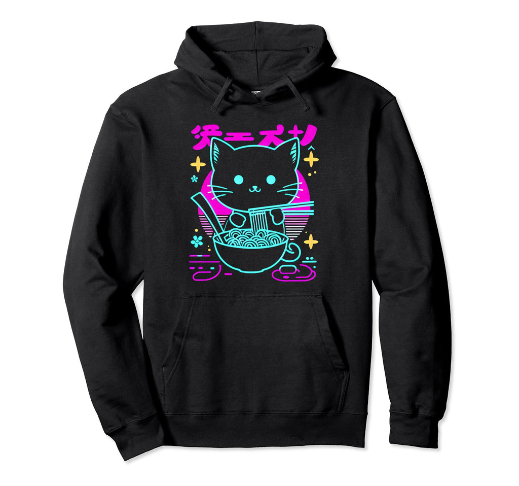 Kawaii Anime Cat Eating Ramen 80S Hoodie - Unique Graphic for Adults - T-Shirt, Sweatshirt, Hoodie