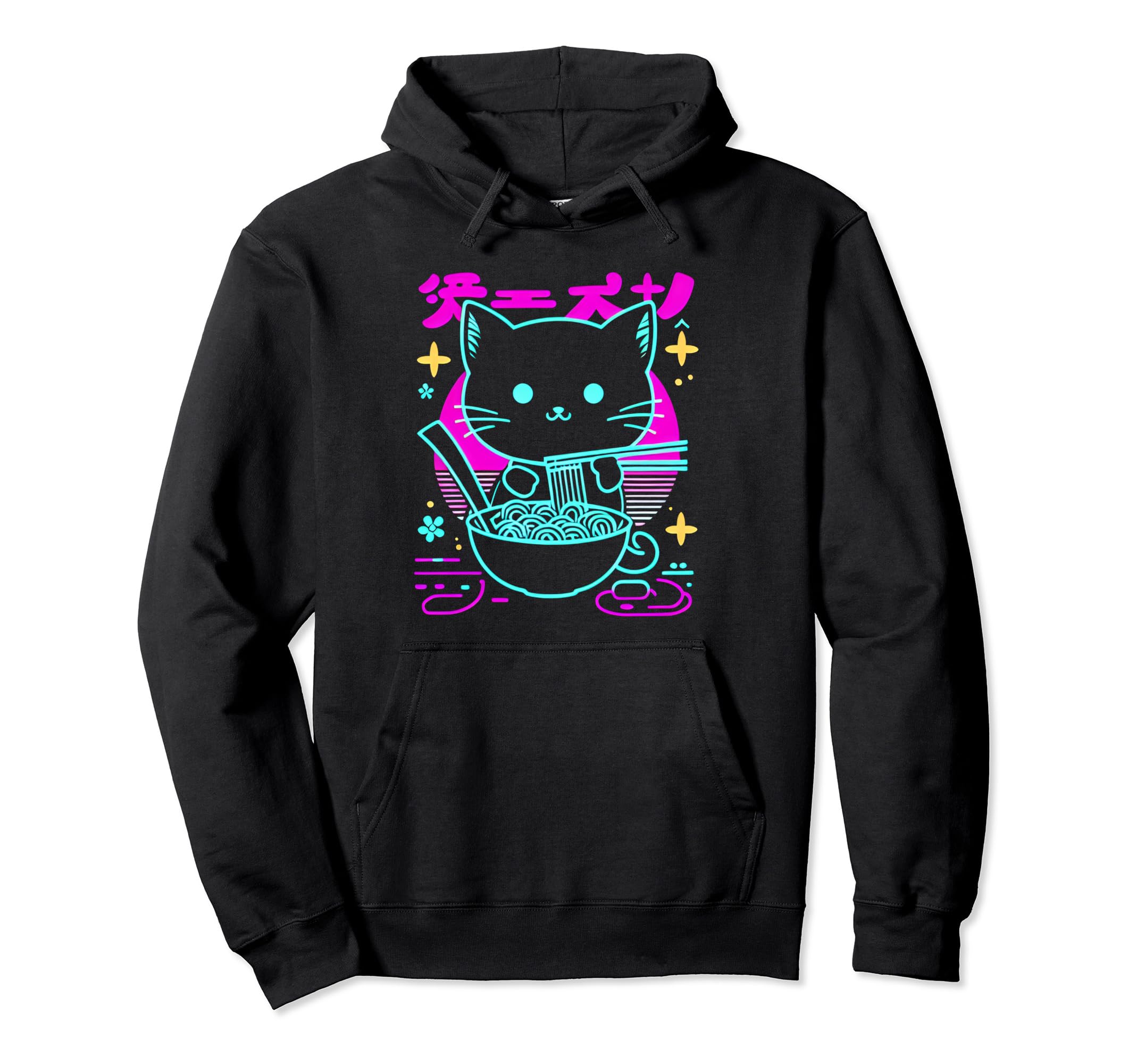Kawaii Anime Cat Eating Ramen 80S Hoodie - Unique Graphic for Adults - T-Shirt, Sweatshirt, Hoodie