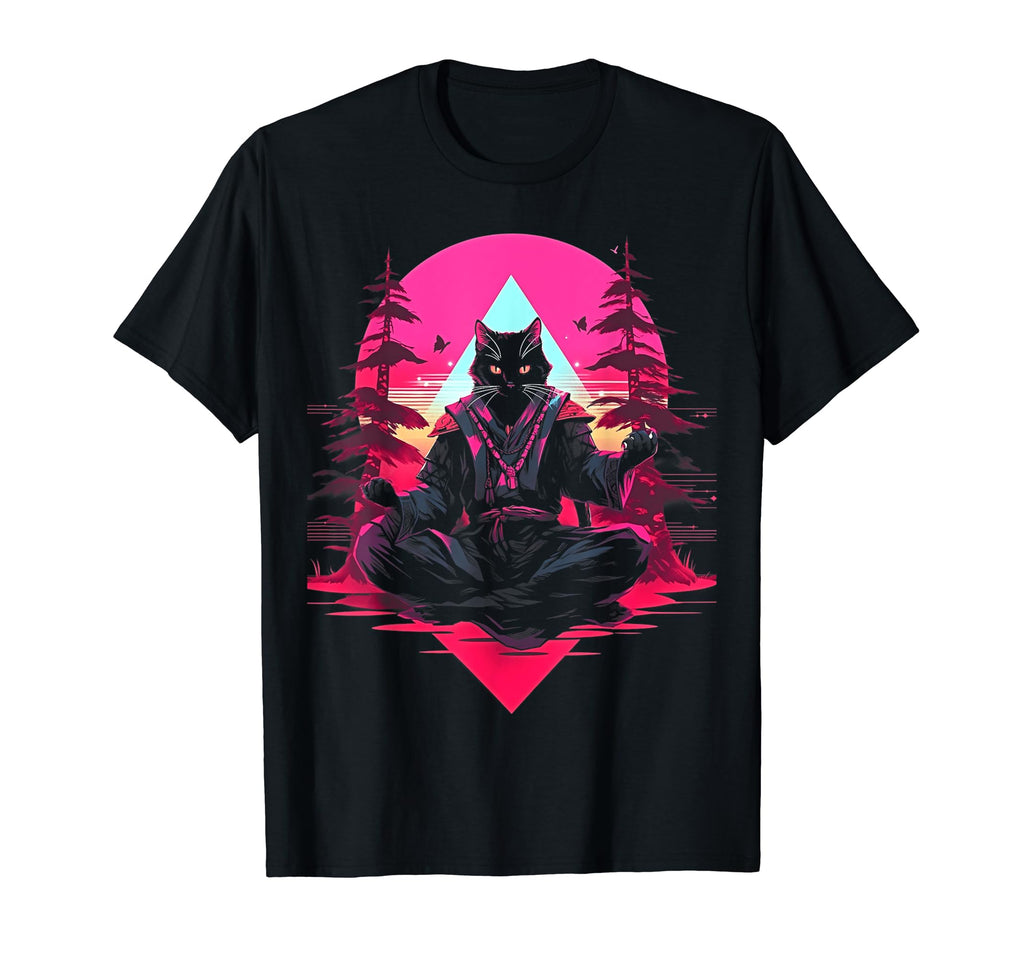 Synthwave Cat Samurai Mediation T-Shirt - Trendy Graphic for Adults - T-Shirt, Sweatshirt, Hoodie
