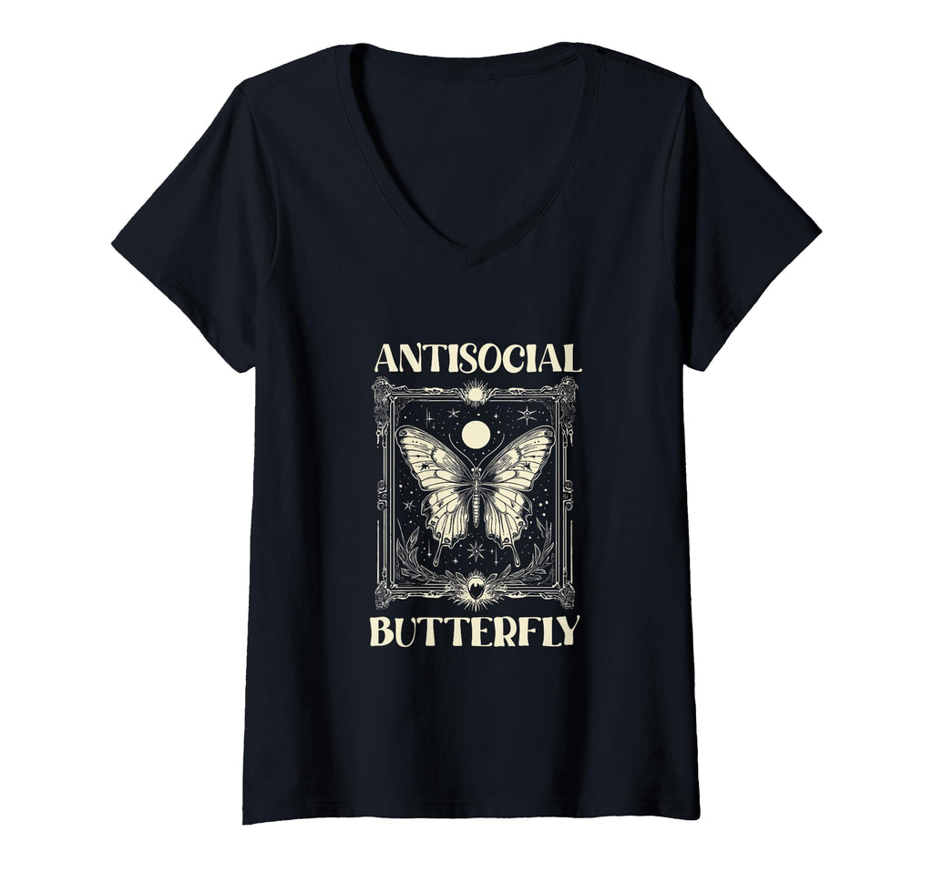 Womens Antisocial Butterfly V Neck T-Shirt - Novelty Apparel Men Women - T-Shirt, Sweatshirt, Hoodie