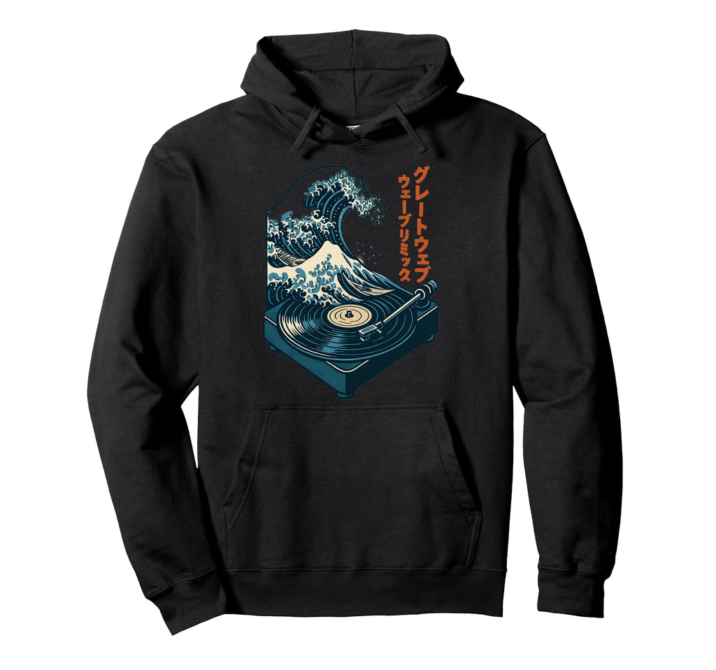 Vinyl Record Player Japanese Wave Art Hoodie - Casual Everyday Wear Unisex - T-Shirt, Sweatshirt, Hoodie