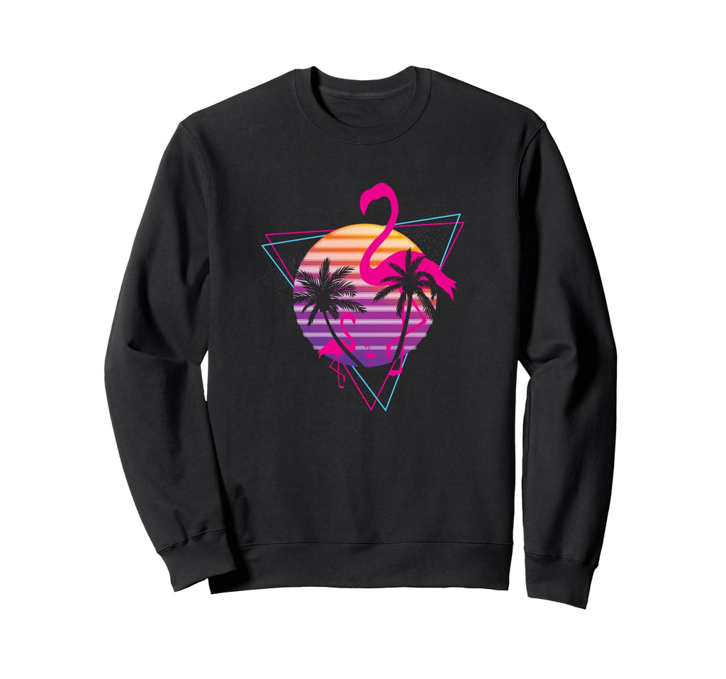 80S Flamingo Palm Sunset Synthwave Sweatshirt - Unique Graphic Unisex - T-Shirt, Sweatshirt, Hoodie