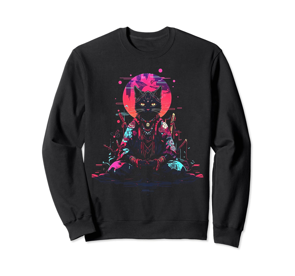 Synthwave Cat Samurai Mediation Sweatshirt - Graphic Print Men Women - T-Shirt, Sweatshirt, Hoodie