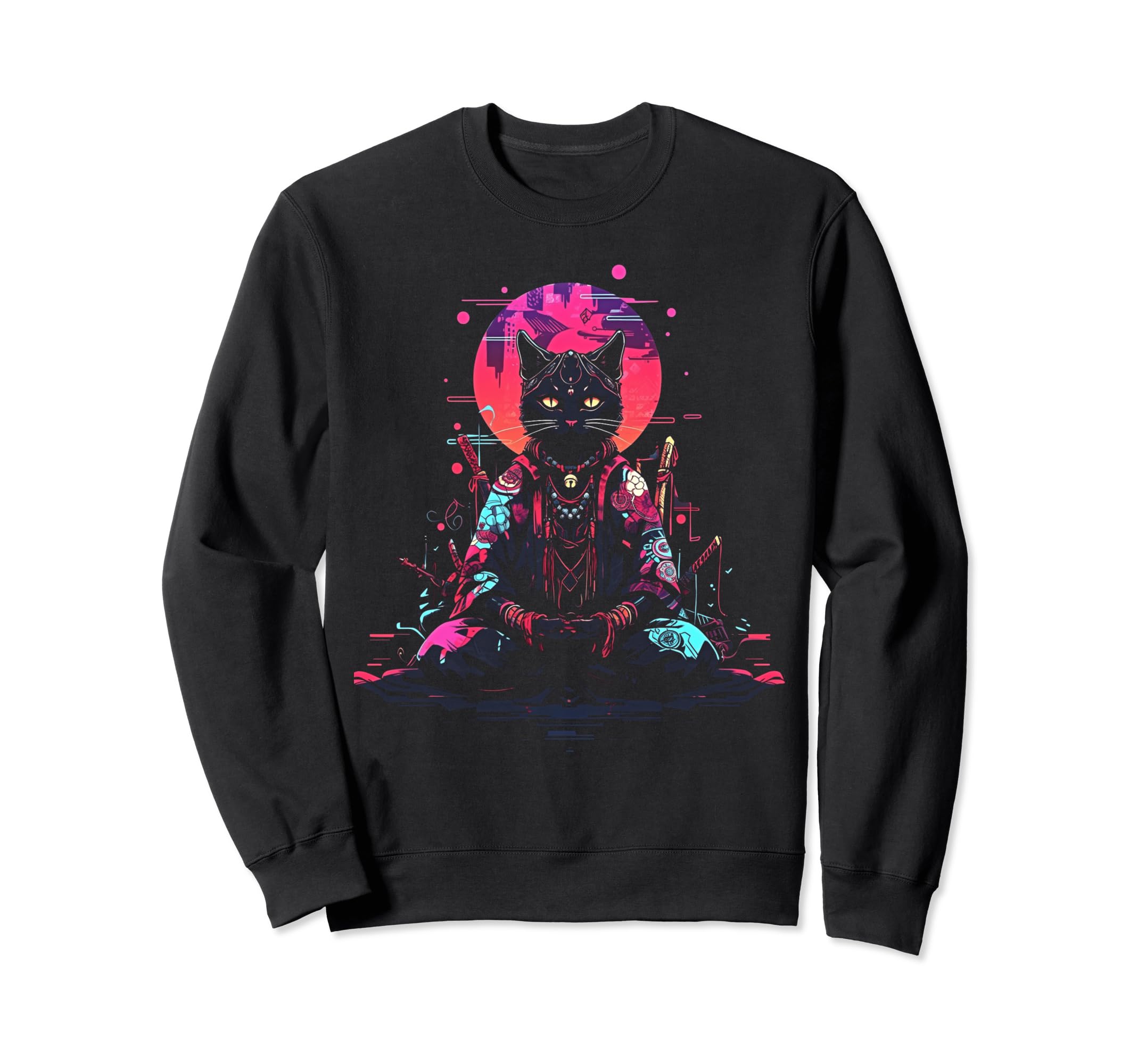 Synthwave Cat Samurai Mediation Sweatshirt - Graphic Print Men Women - T-Shirt, Sweatshirt, Hoodie