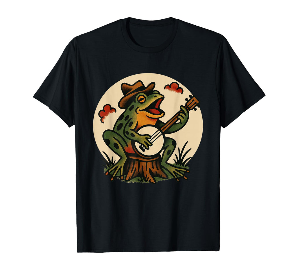 Frog Banjo Tattoo Flash American T-Shirt - Casual Everyday Wear Men Women - T-Shirt, Sweatshirt, Hoodie