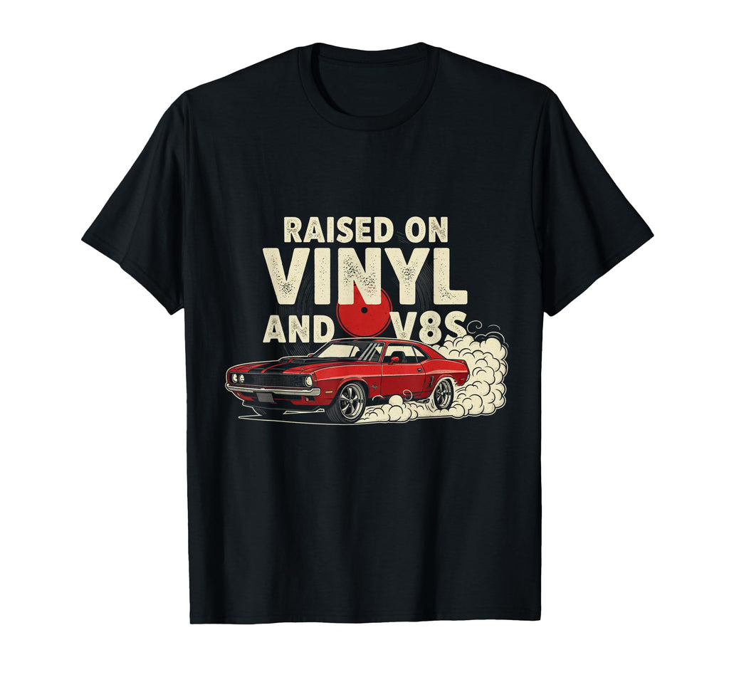 Raised Vinyl And V8S 70S Car Lover T-Shirt - Trendy Graphic Men Women - T-Shirt, Sweatshirt, Hoodie