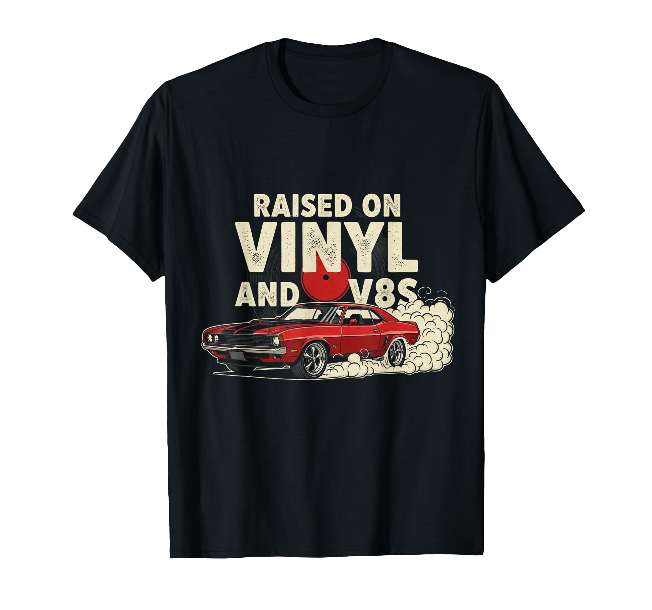 Raised Vinyl And V8S 70S Car Lover T-Shirt - Trendy Graphic Men Women - T-Shirt, Sweatshirt, Hoodie