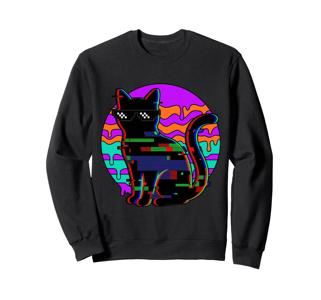 Vaporwave Black Cat Pixel Sweatshirt - Custom Art Print Men Women - T-Shirt, Sweatshirt, Hoodie