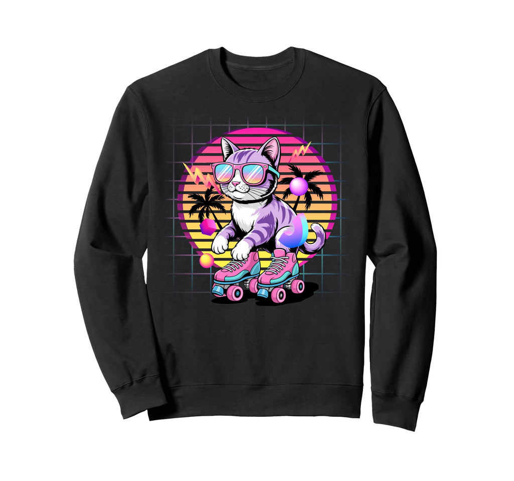 Synthwave Cat Roller Skates 80S Sweatshirt - Novelty Apparel Men Women - T-Shirt, Sweatshirt, Hoodie