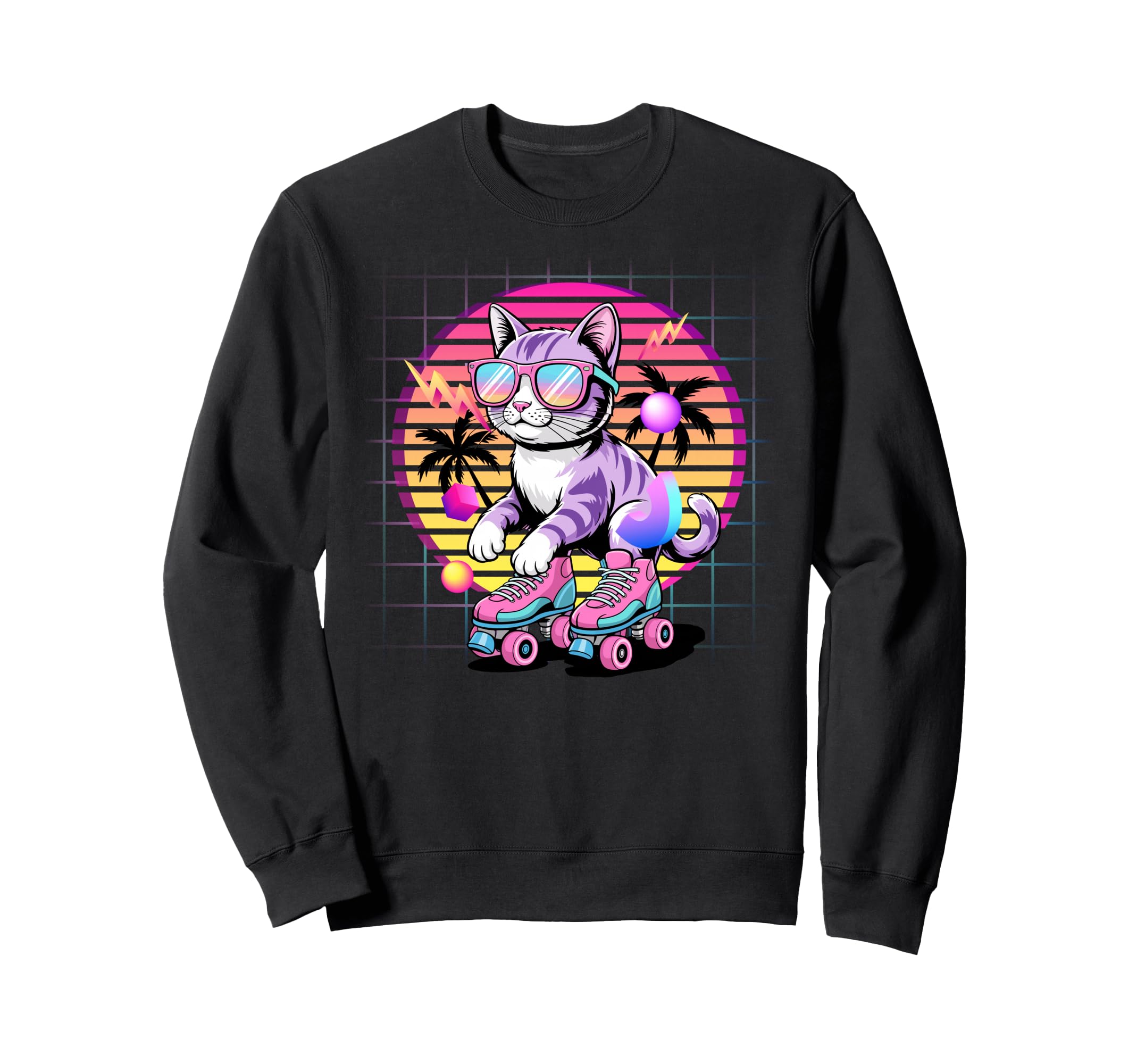 Synthwave Cat Roller Skates 80S Sweatshirt - Novelty Apparel Men Women - T-Shirt, Sweatshirt, Hoodie