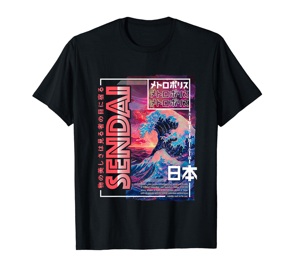 Sendai City 80S Synthwave Kanagawa Wave T-Shirt - Unique Graphic Men Women - T-Shirt, Sweatshirt, Hoodie