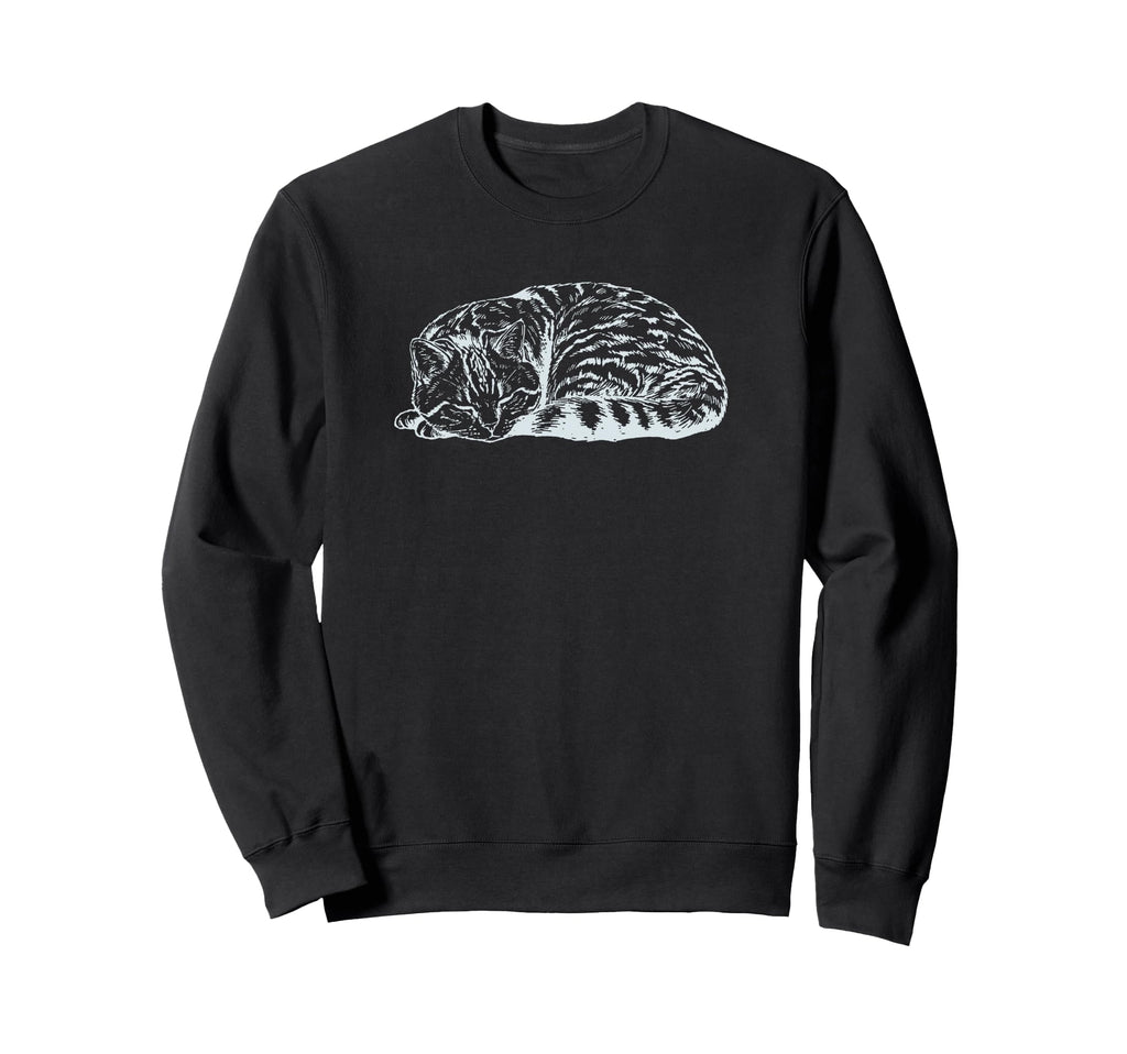 Sleeping Tabby Cat Sketch Woodcut Cozy Sweatshirt - Graphic Print Unisex - T-Shirt, Sweatshirt, Hoodie