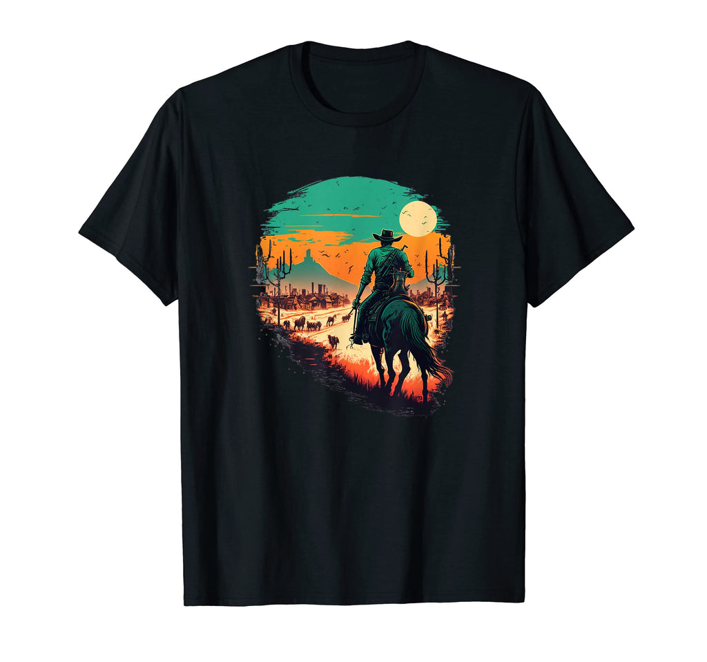 Cowboy Sunset Wild West Horse Riding T-Shirt - Custom Art Print Men Women - T-Shirt, Sweatshirt, Hoodie