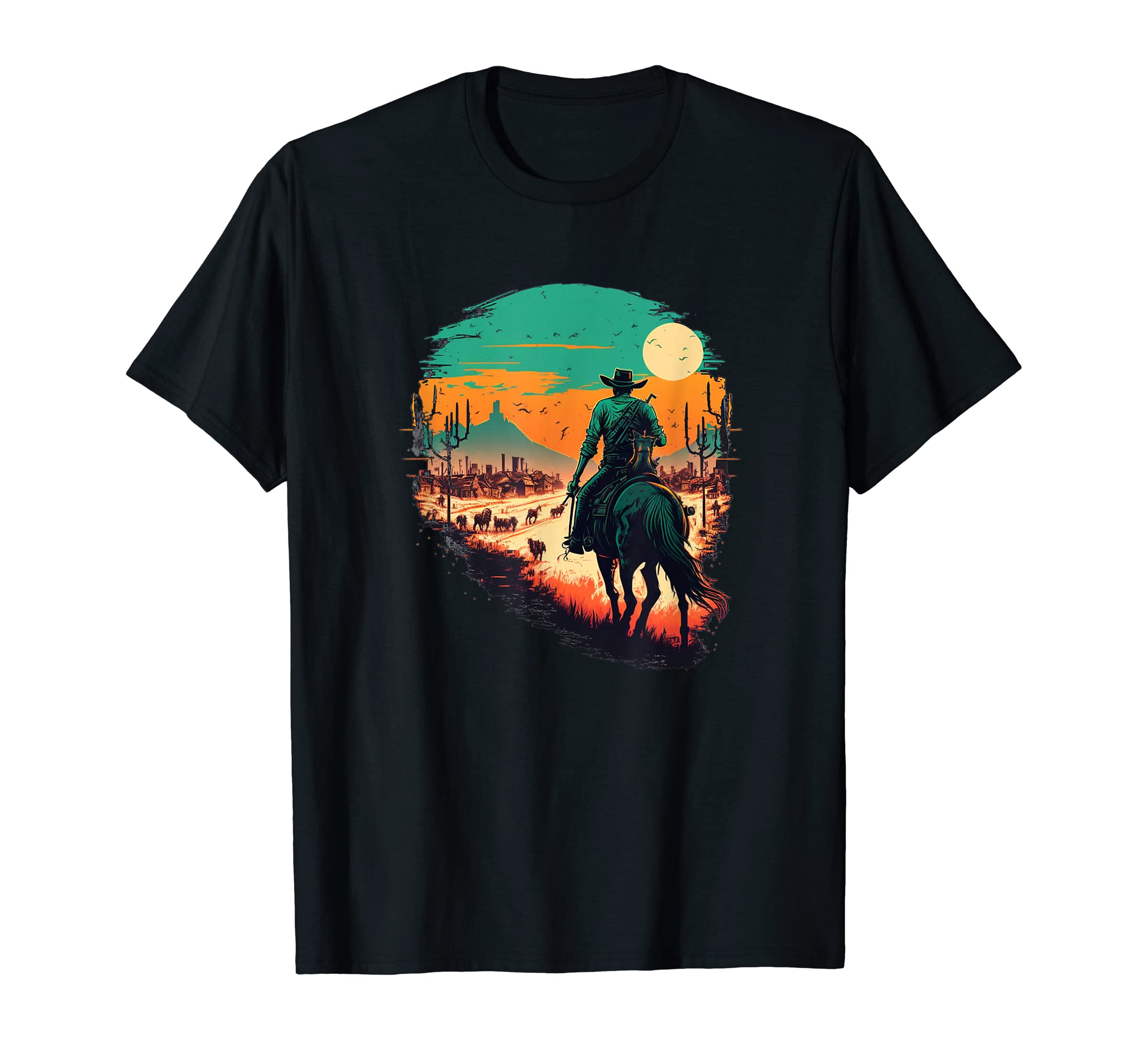 Cowboy Sunset Wild West Horse Riding T-Shirt - Custom Art Print Men Women - T-Shirt, Sweatshirt, Hoodie