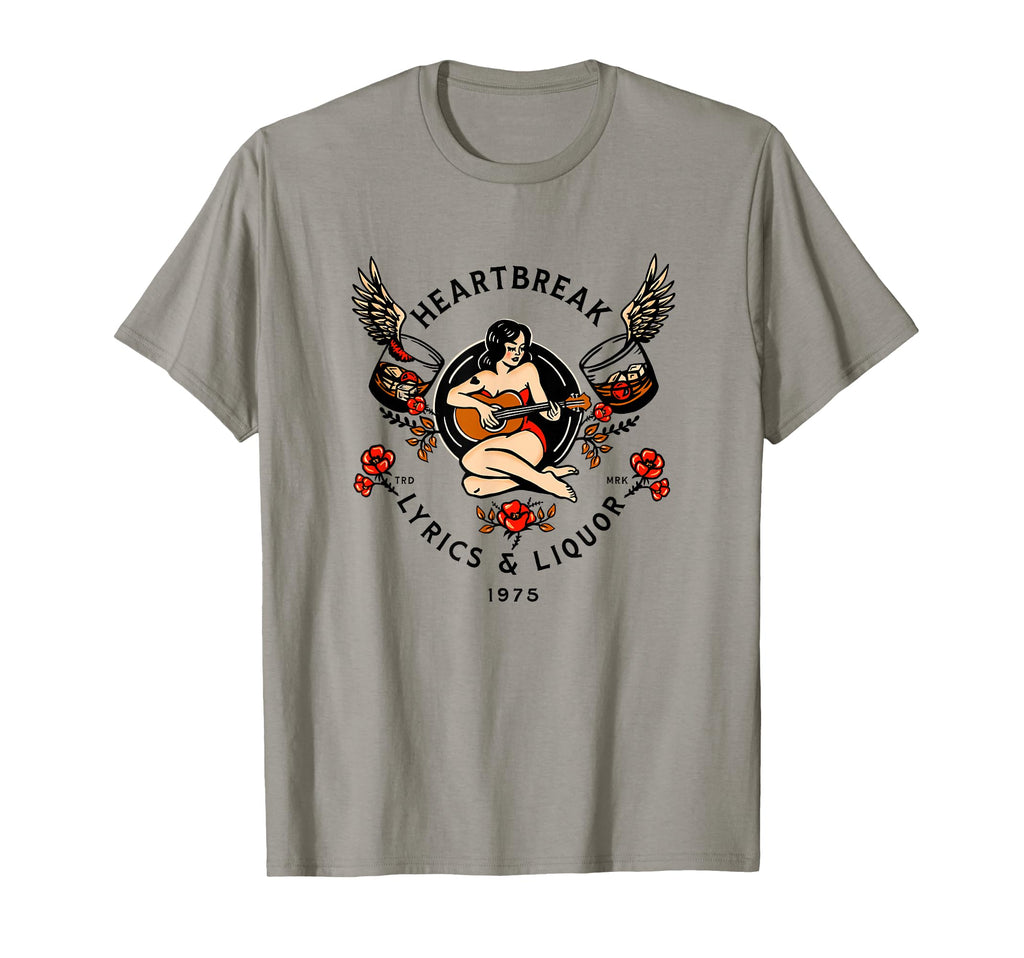 Heartbreak Lyrics Liquor Pinup Guitar T-Shirt - Custom Art Print Unisex - T-Shirt, Sweatshirt, Hoodie