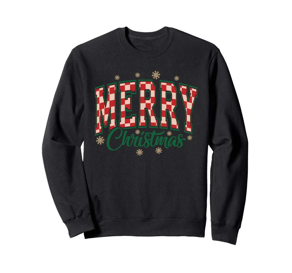Checkered Merry Typography Snowflake Sweatshirt - Novelty Apparel Unisex - T-Shirt, Sweatshirt, Hoodie