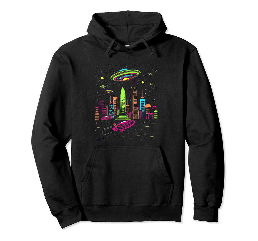 Skyline Distressed Ufo Alien Invasion Hoodie - Minimalist Print Men Women - T-Shirt, Sweatshirt, Hoodie