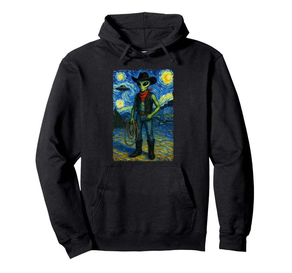 Starry Night Western Alien Cowboy Van Gogh Hoodie - Custom Art Print Unisex - T-Shirt, Sweatshirt, Hoodie