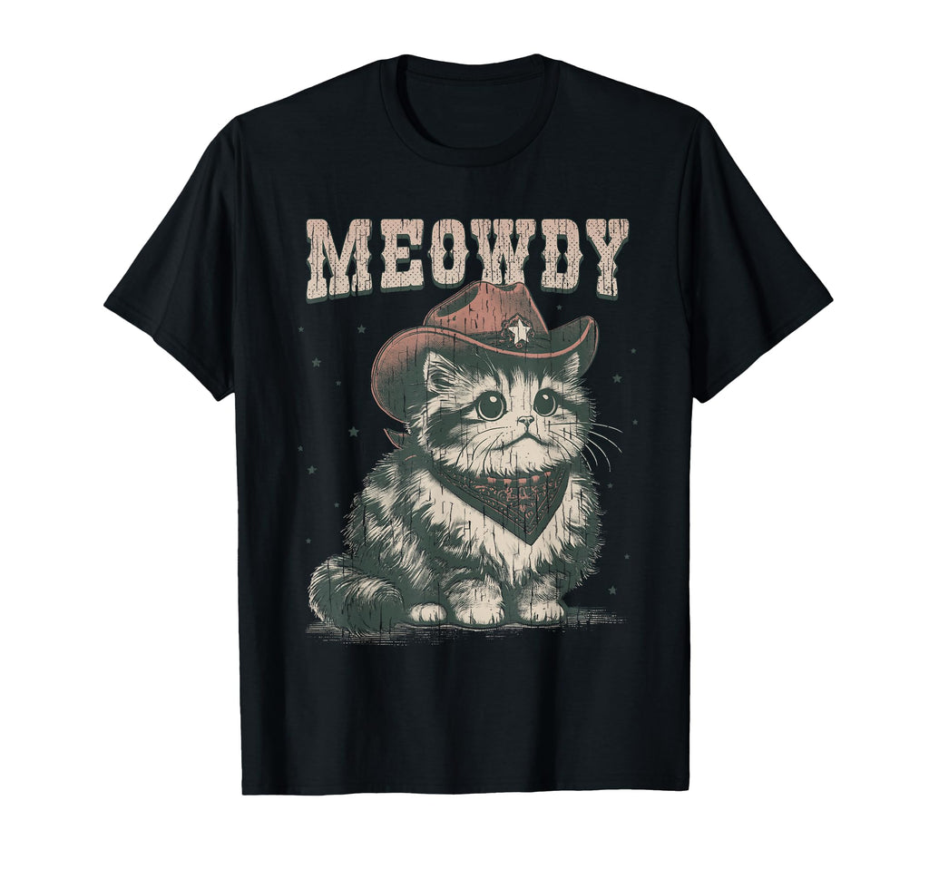 Meowdy Cat Cowboy Hat Funny T-Shirt - Custom Art Print for Adults - T-Shirt, Sweatshirt, Hoodie