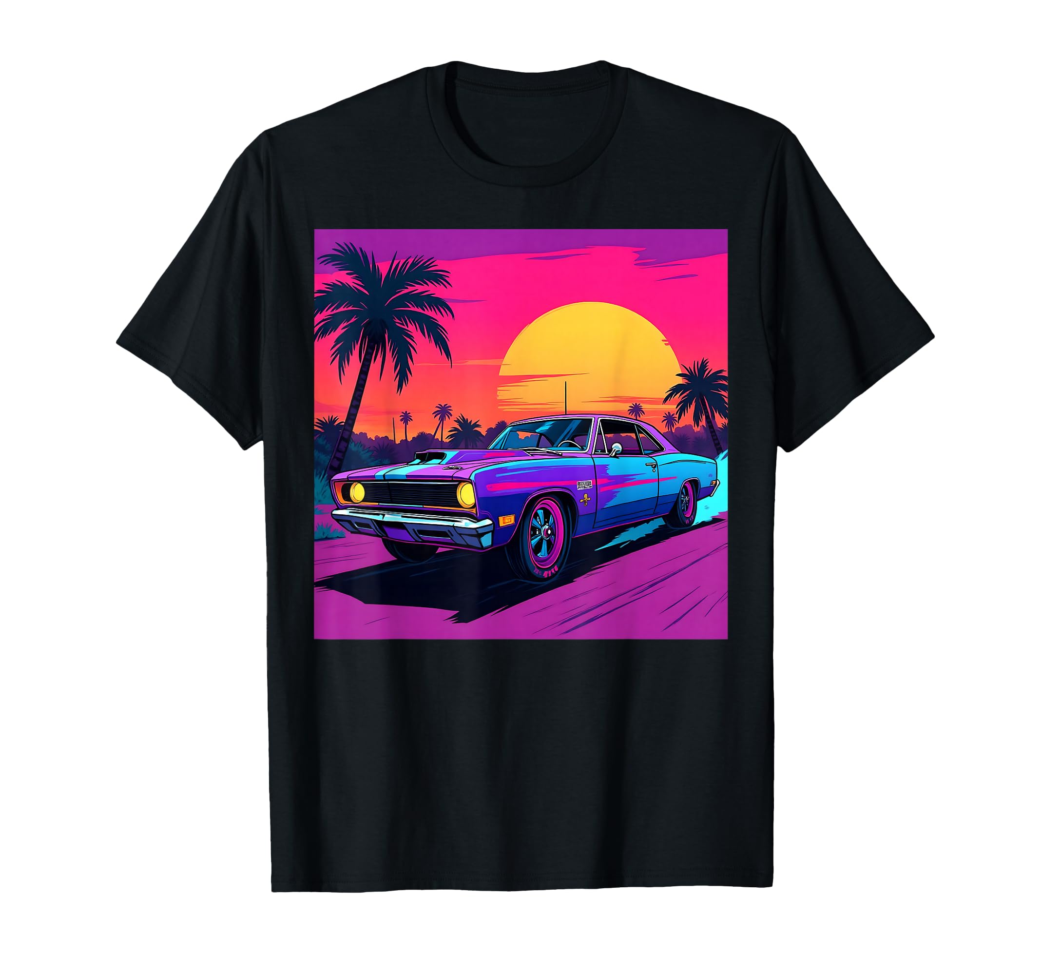 Neon Muscle Car Sunset Palm Trees T-Shirt - Fun Novelty Design Unisex - T-Shirt, Sweatshirt, Hoodie