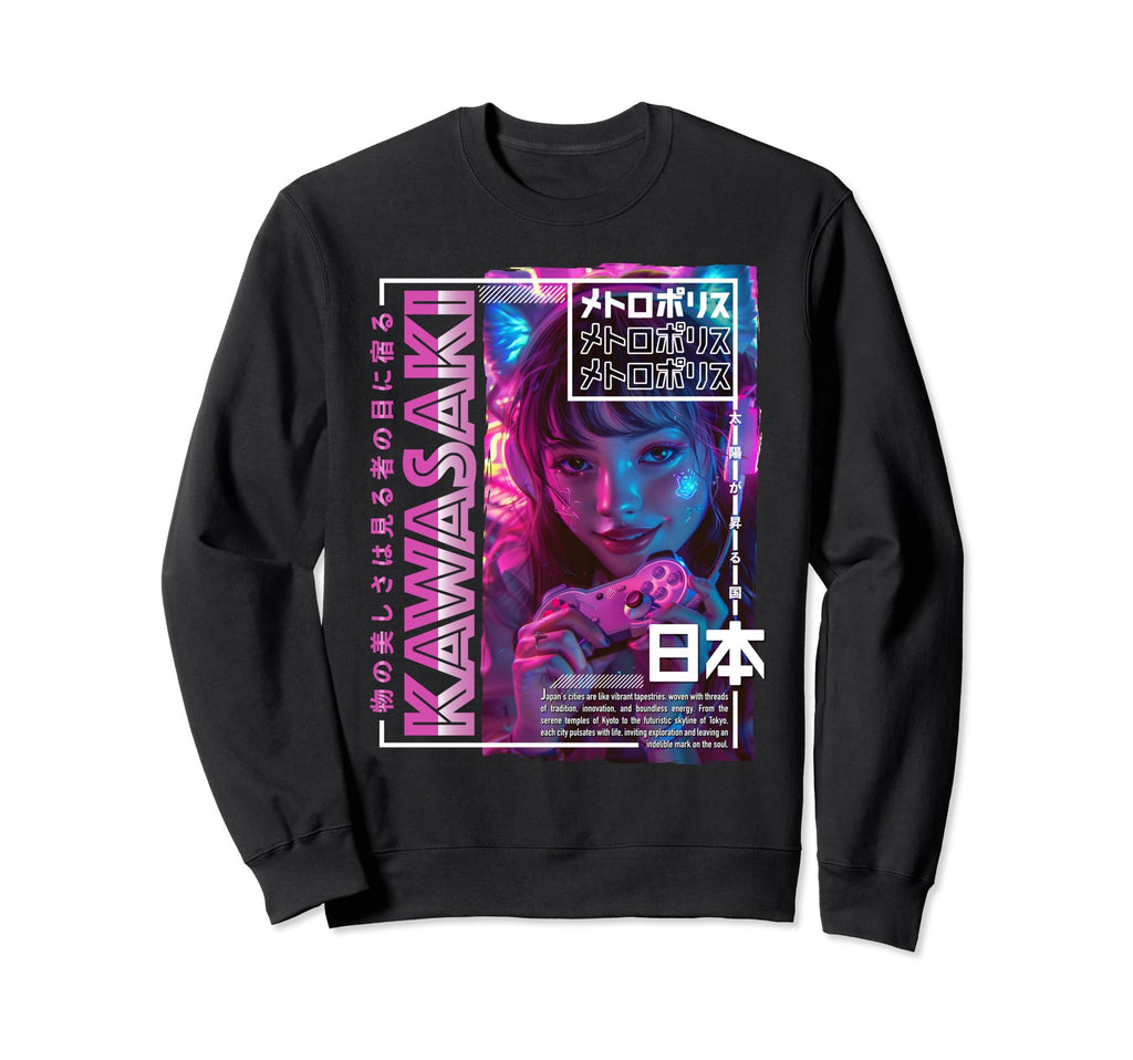 Kawasaki City 80S Synthwave E Sweatshirt - Novelty Apparel for Adults - T-Shirt, Sweatshirt, Hoodie