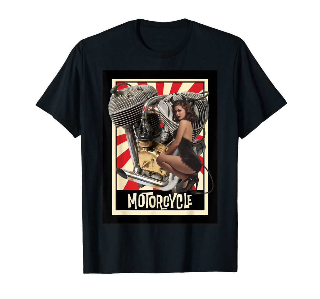 Pin Up Devil Motorcycle Engine T-Shirt - Aesthetic Graphic for Adults - T-Shirt, Sweatshirt, Hoodie