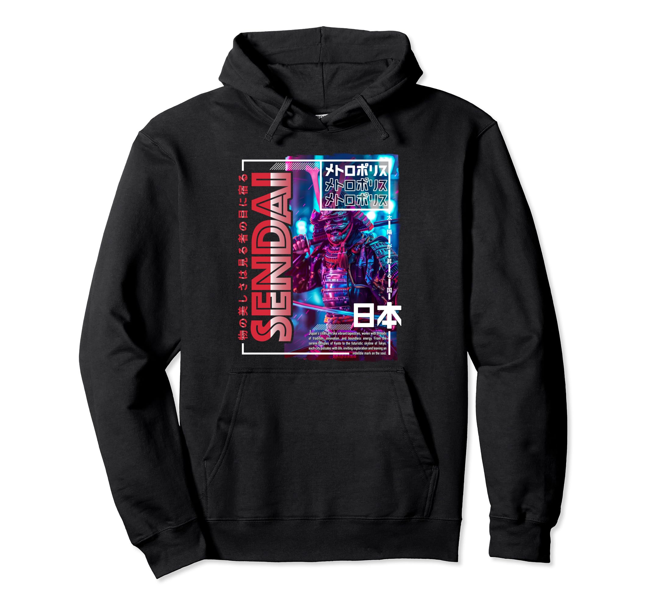 Sendai City 80S Synthwave Samurai Hoodie - Minimalist Print for Adults - T-Shirt, Sweatshirt, Hoodie