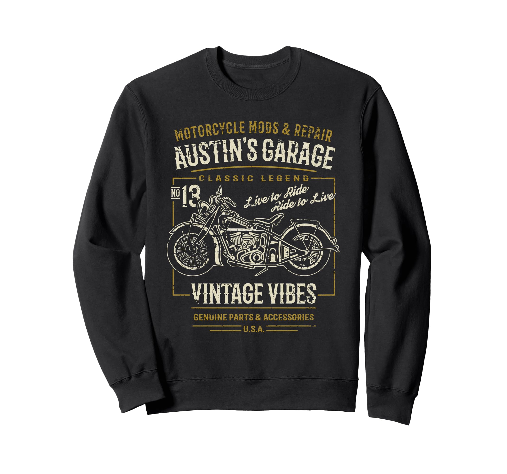 Austins Garage Motorcycle Sweatshirt - Unique Graphic Unisex - T-Shirt, Sweatshirt, Hoodie