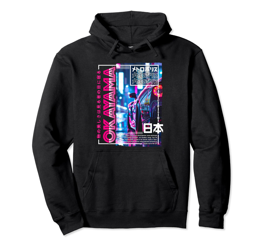 Okayama City 80S Synthwave Racing Car Hoodie - Trendy Graphic Men Women - T-Shirt, Sweatshirt, Hoodie