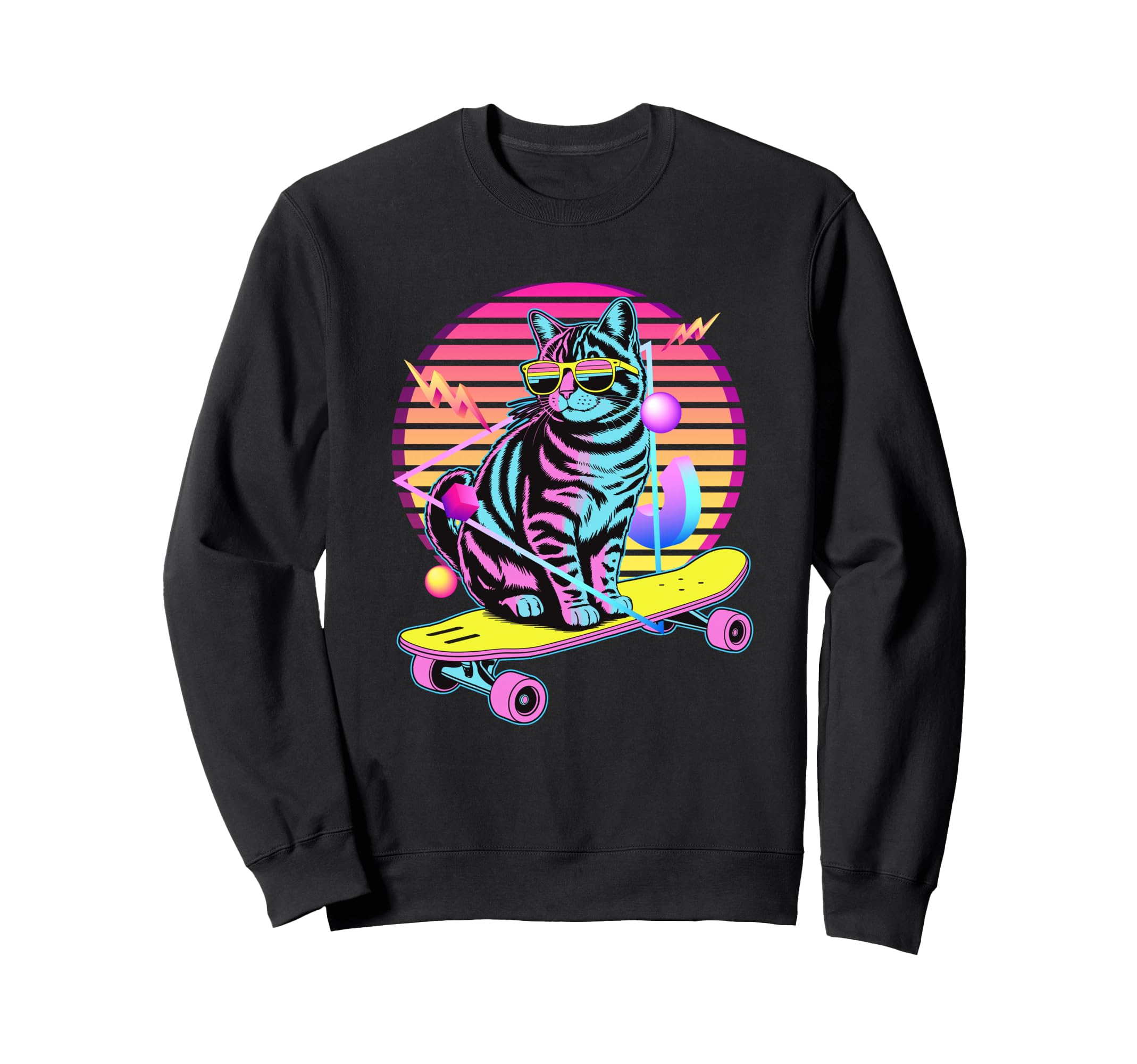 80S Synthwave Cat Skater Sunglasses Sweatshirt - Unique Graphic Unisex - T-Shirt, Sweatshirt, Hoodie