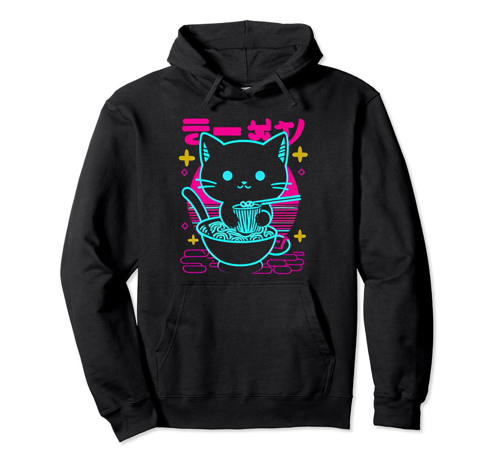 Kawaii Anime Cat Eating Ramen 80S Synthwave Hoodie - Unique Graphic Unisex - T-Shirt, Sweatshirt, Hoodie