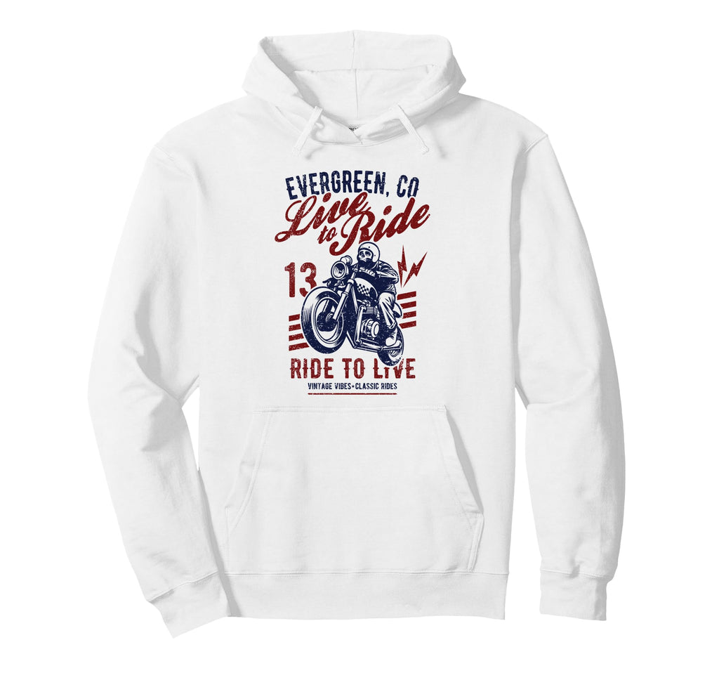 Evergreen Colorado Motorcycle Skull Rider Hoodie - Unique Graphic Unisex - T-Shirt, Sweatshirt, Hoodie