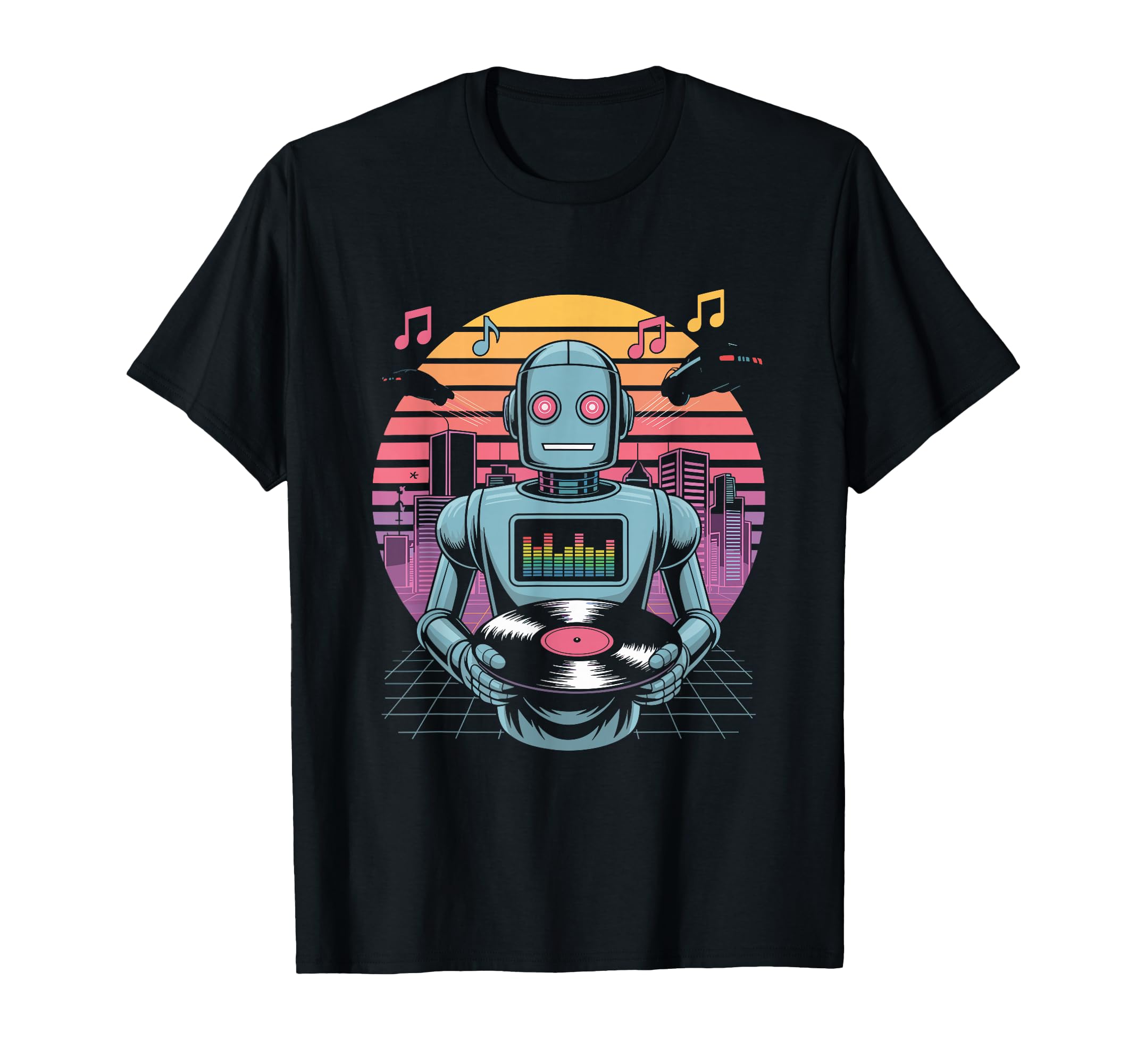 Robot Dj Vinyl City Skyline Music T-Shirt - Streetwear Style Men Women - T-Shirt, Sweatshirt, Hoodie